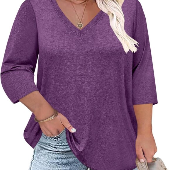 Breathable Plus Size Tunic Tops with 3/4 Sleeves – XL-5X V Neck in Purple - Picture 1 of 6